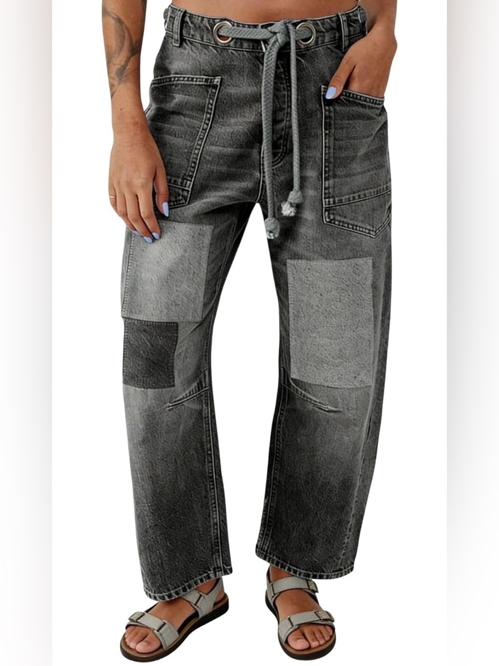A453 Pull-On Barrel Jeans Mid-Low Rise Boyfriend Drawstring Ankle Baggy NEW